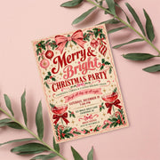 Editable Christmas party games invitation displayed on a blush-pink background surrounded by delicate leafy branches. The nostalgic holiday template features retro typography and festive botanical illustrations.