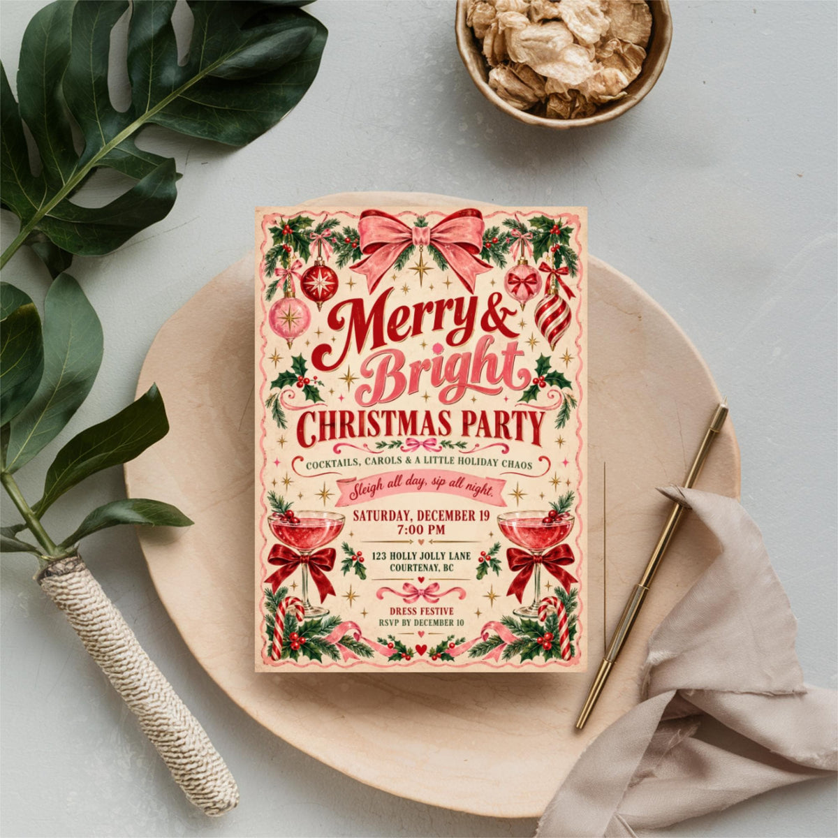 Vintage holiday party invitation resting on cream fabric beside greenery and coordinating Christmas decorations. The festive design features cheerful red lettering and playful Christmas-themed details.