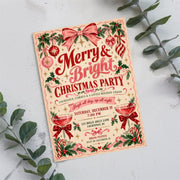 Christmas game night invitation resting on a soft neutral background with eucalyptus branches. Red and green vintage lettering and holiday illustrations create a cheerful seasonal design.