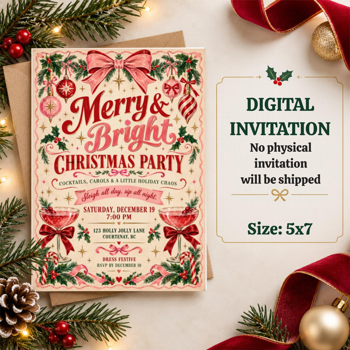 Editable Christmas party invitation displayed beside a digital download information card. The vintage holiday template features decorative greenery, classic red and green colours, and an instant-download format.