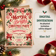 Editable Christmas party invitation displayed beside a digital download information card. The vintage holiday template features decorative greenery, classic red and green colours, and an instant-download format.