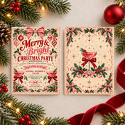 Vintage Christmas party games invitation displayed on a festive dark background surrounded by evergreen branches, red ornaments, and warm holiday lights. The 5x7 printable features retro Christmas typography, greenery, and playful holiday decorations.