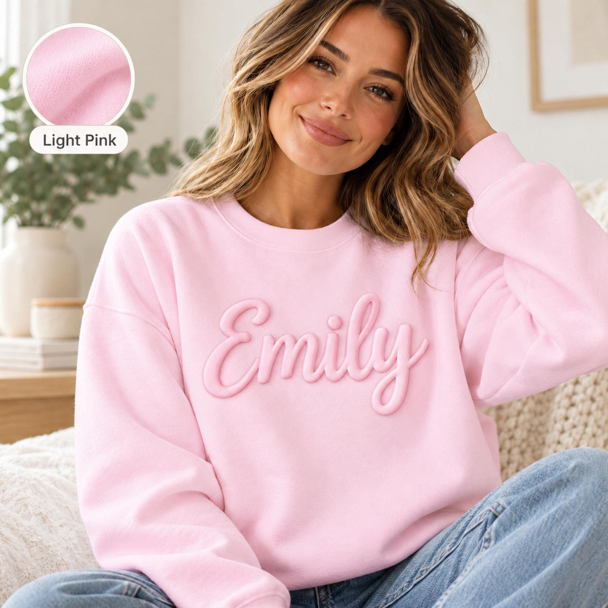 Custom Name Puff Print Sweatshirt, Personalized 3D Raised Text Crewneck, Retro Gift for Her