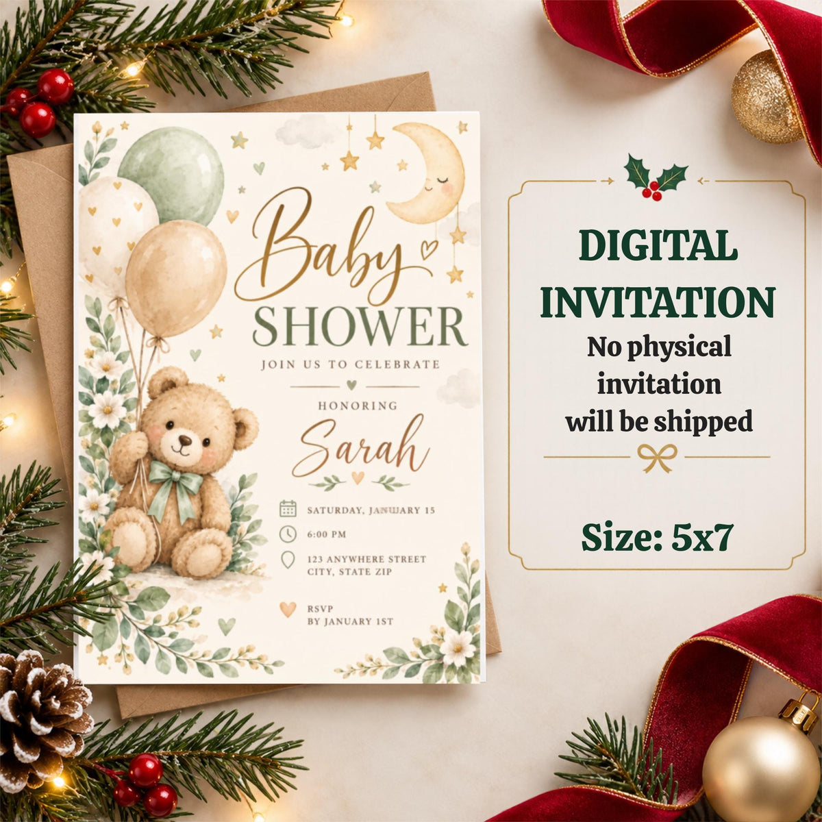 Teddy bear baby shower invitation displayed beside a digital download information card on a festive background. The 5x7 editable template features pastel balloons, moon and star decorations, and soft neutral colours.