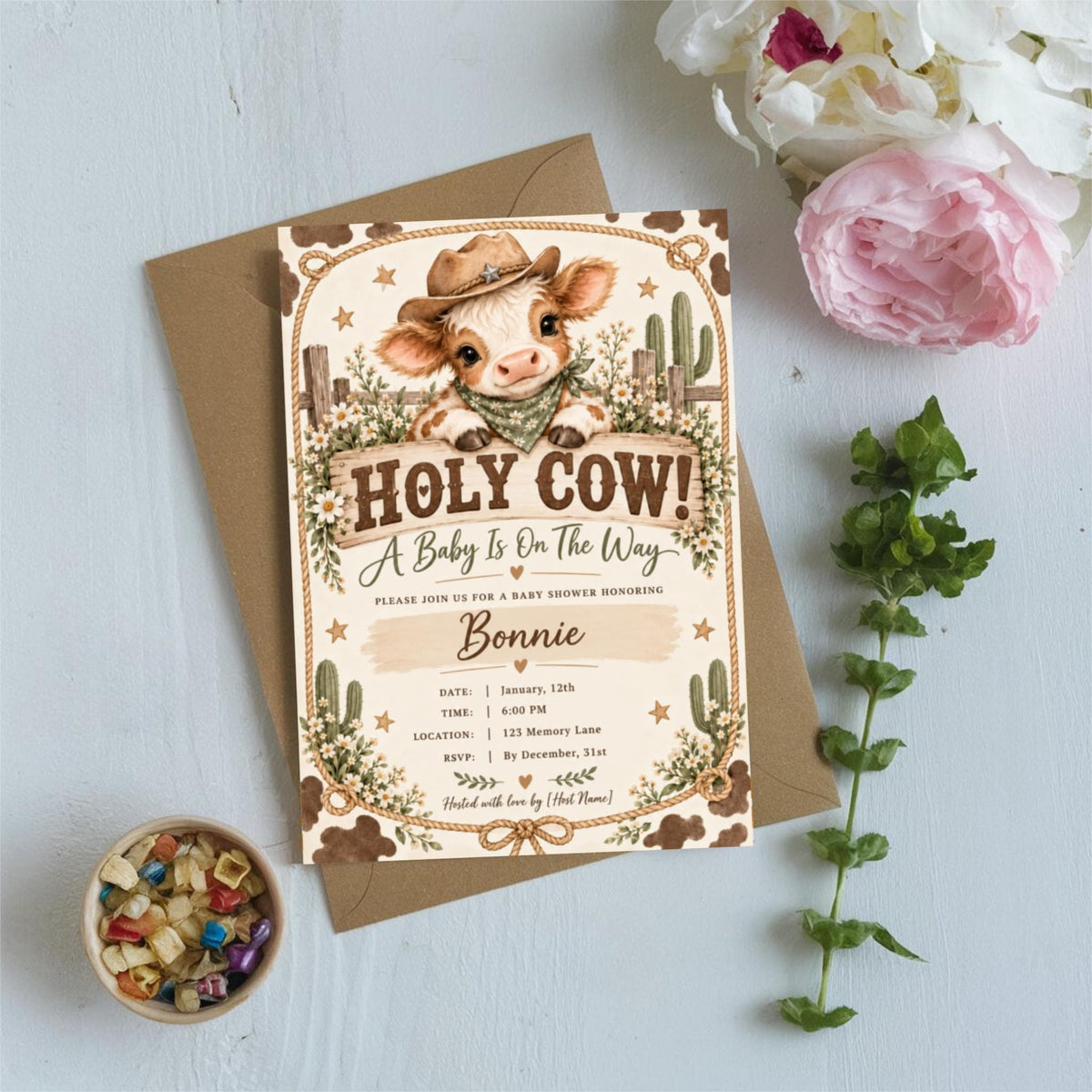 Cowboy-themed baby shower invitation displayed on a pale blue background surrounded by pink flowers and leafy greenery. The editable design features a baby calf, Western rope accents, daisies, and soft earthy colours.