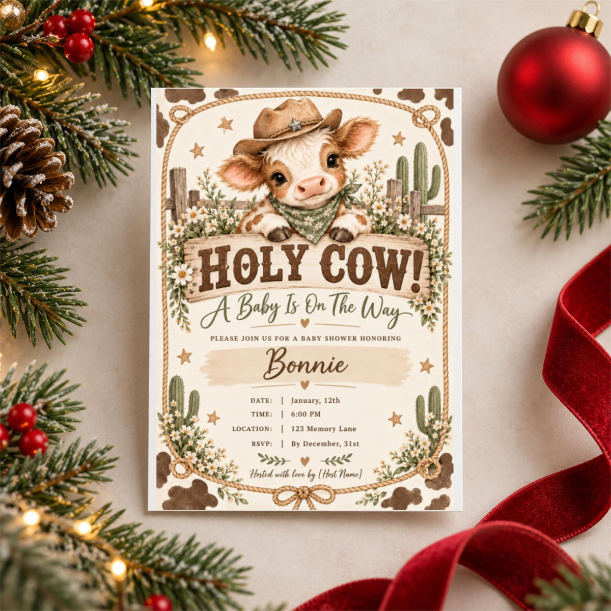 Holy Cow baby shower invitation displayed on a holiday background with glowing lights, evergreen branches, and red ornaments. The design features a smiling baby cow in a Western hat, cream wildflowers, and rustic typography.