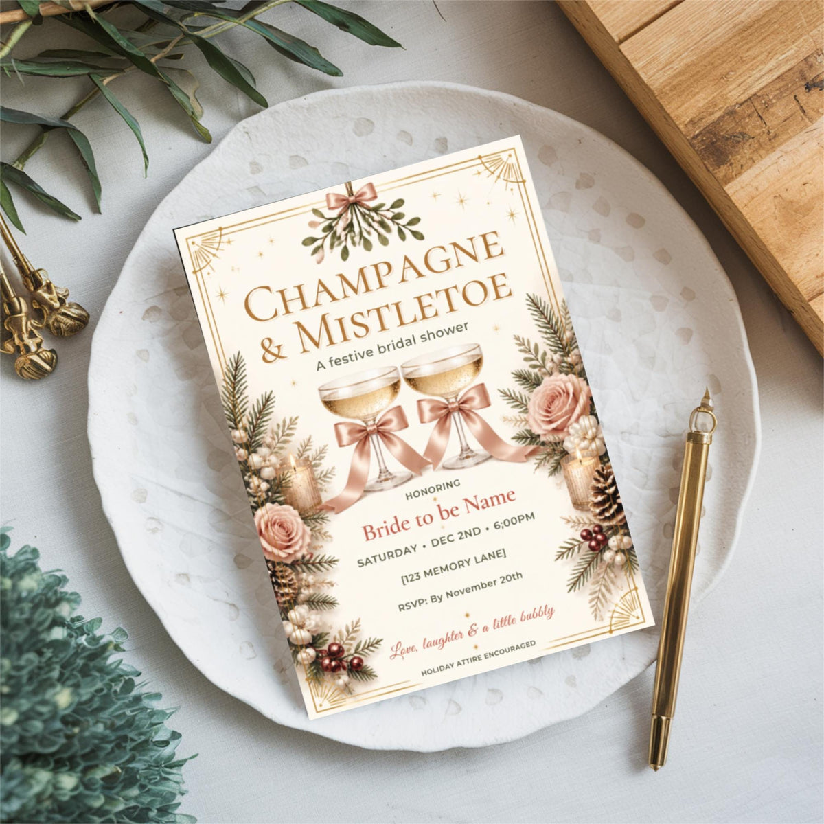 Festive Christmas invitation displayed on a light cream surface framed by eucalyptus leaves. The portrait invitation features vintage holiday typography, mistletoe-inspired greenery, and soft botanical decorations.