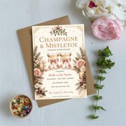 Vintage Christmas and Mistletoe invitation displayed beside a digital download information card on a soft neutral background. The holiday template features botanical Christmas decorations and elegant gold and red typography.