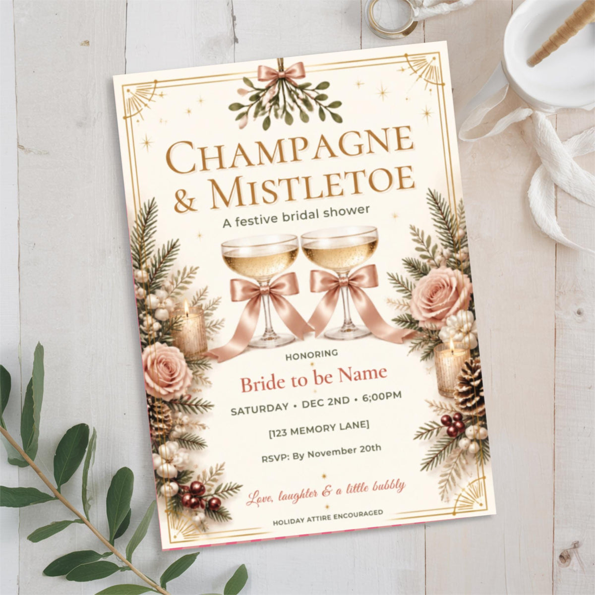 Christmas and Mistletoe party invitation displayed on a pale blue background with delicate pink flowers and green botanical accents. The vintage-inspired design features festive foliage, romantic holiday typography, and seasonal decorations.