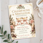 Christmas and Mistletoe party invitation displayed on a pale blue background with delicate pink flowers and green botanical accents. The vintage-inspired design features festive foliage, romantic holiday typography, and seasonal decorations.