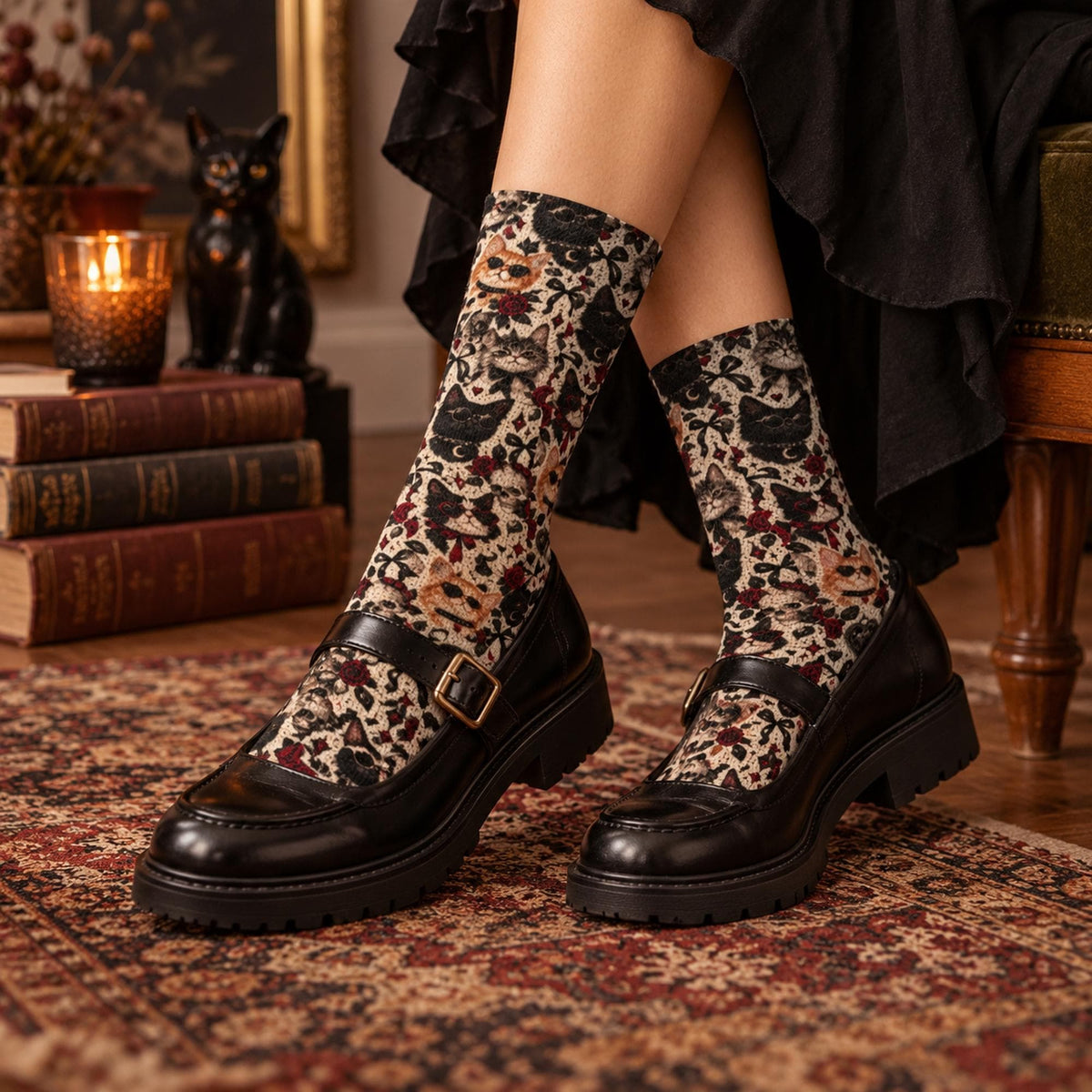 Gothic cat crew socks styled with black Mary Jane shoes and a dark skirt on a vintage rug. Features black, gray, and orange cats, red roses, bows, and celestial details on a cream background.
