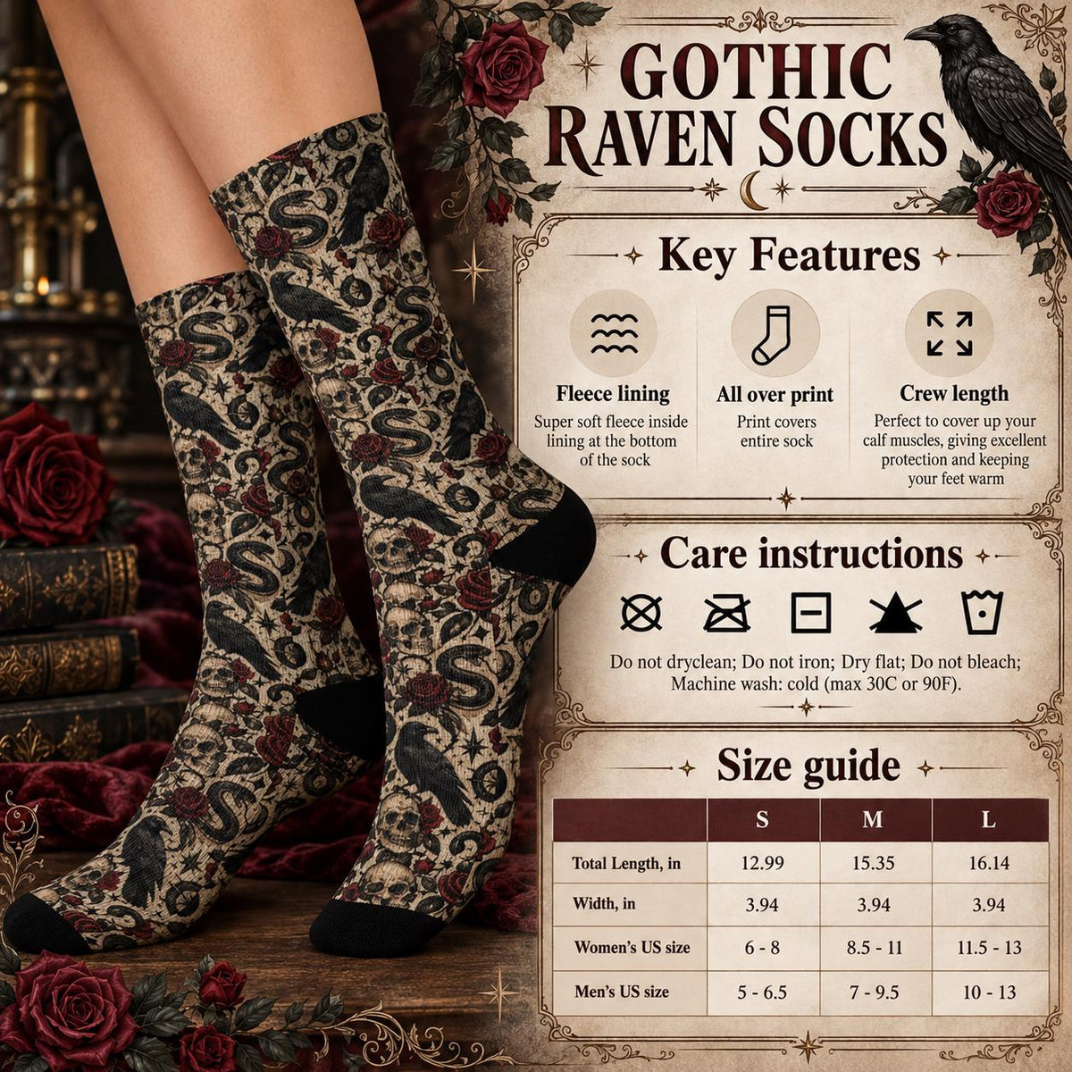 Gothic Raven Socks informational mockup displaying fleece lining, all-over print, crew length, washing instructions, and size chart for small, medium, and large with women's and men's US shoe size conversions.
