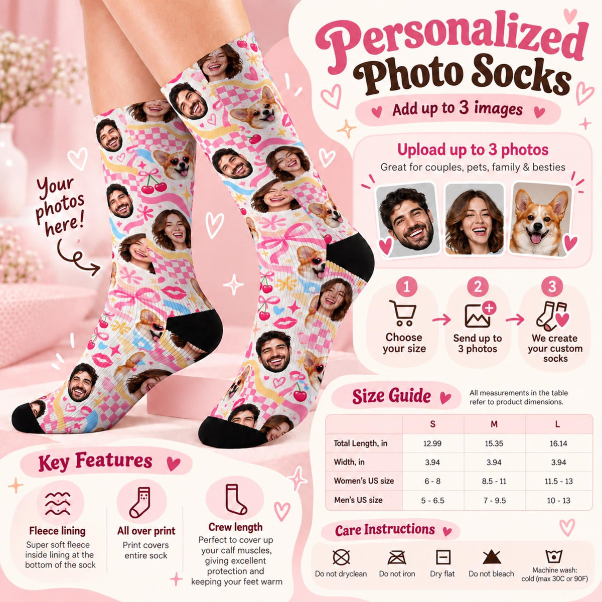 Personalized photo socks information chart showing how customers can add up to three images of people or pets. Includes sample portraits, ordering steps, fleece lining, all-over print, crew length, S–L size chart, and washing instructions.