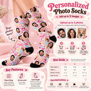Personalized photo socks information chart showing how customers can add up to three images of people or pets. Includes sample portraits, ordering steps, fleece lining, all-over print, crew length, S–L size chart, and washing instructions.