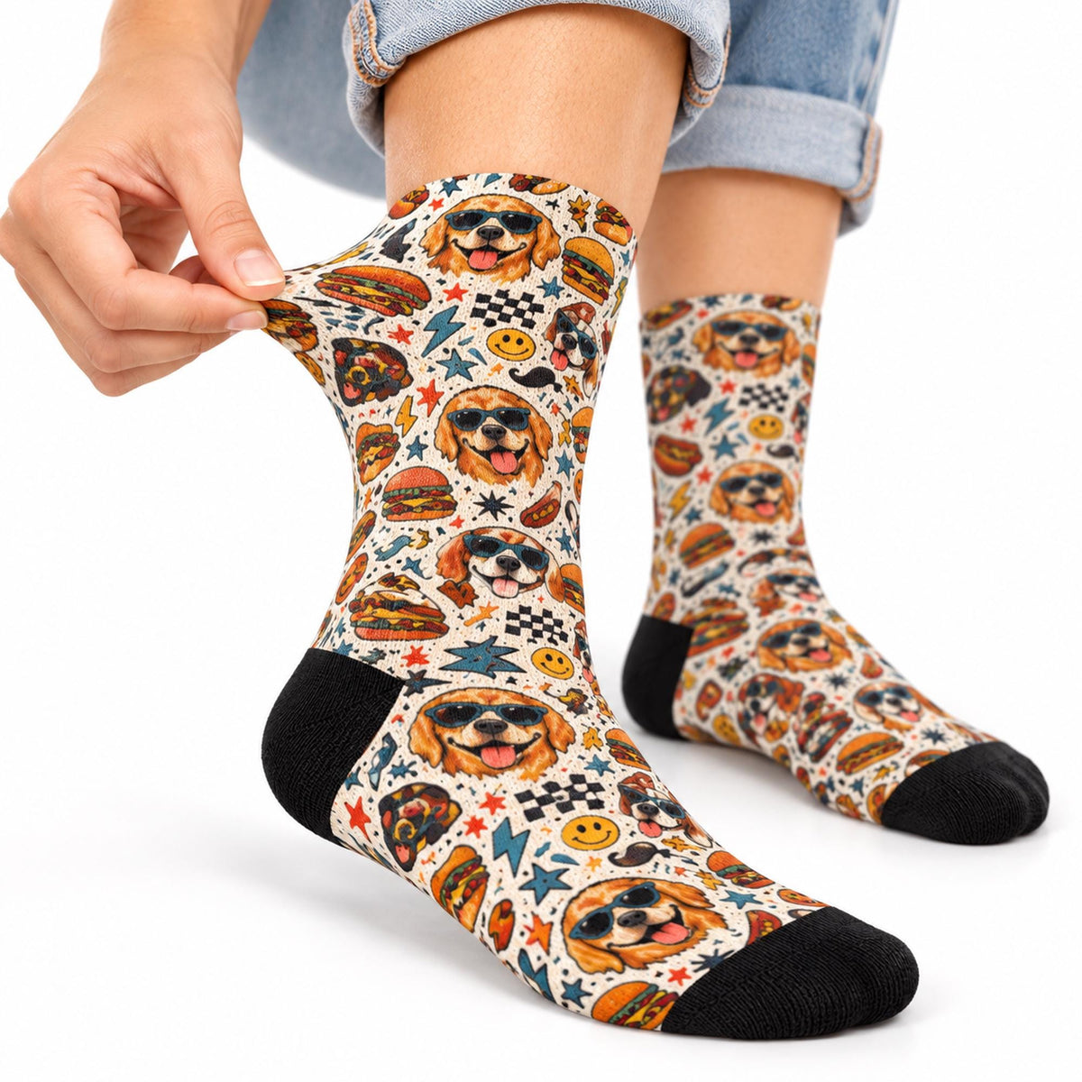 Close-up of playful dog socks featuring golden retrievers in sunglasses, colorful diner icons, checkerboard patterns, and smiley faces. Model gently stretches the fabric to show the printed design and texture.