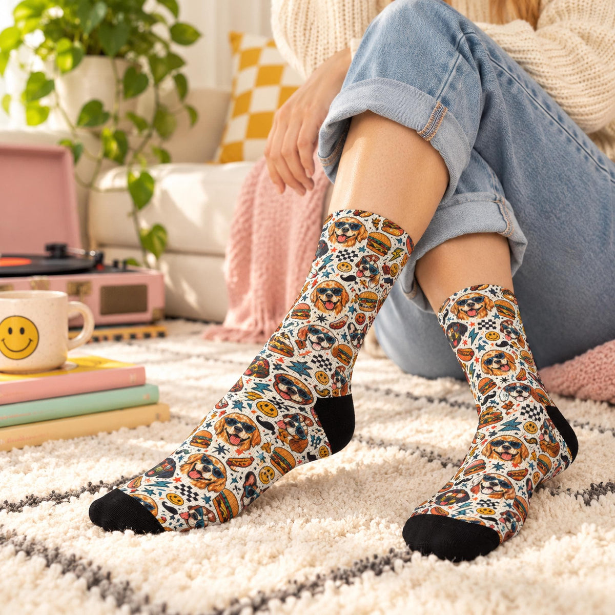 Playful retro dog crew socks worn with cuffed jeans in a cozy living room. Colorful design features dogs wearing sunglasses, hamburgers, hot dogs, smiley faces, lightning bolts, and vintage checkerboard accents.