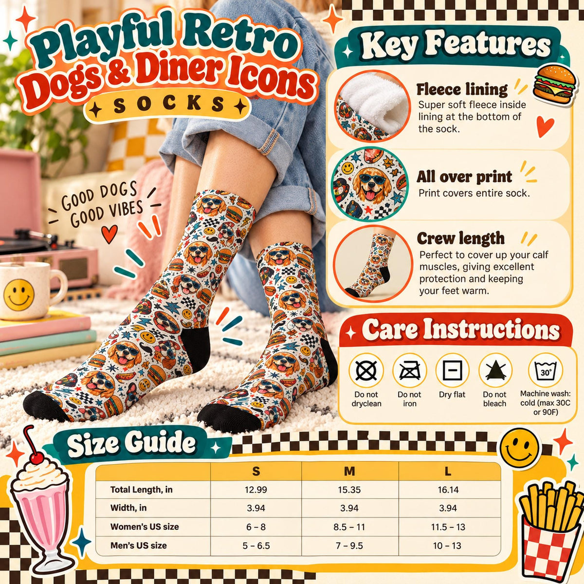 Playful Retro Dogs & Diner Icons Socks informational graphic showing fleece lining, all-over print, crew length, care instructions, and size chart for small, medium, and large in women's and men's US shoe sizes.
