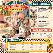 Playful Retro Dogs & Diner Icons Socks informational graphic showing fleece lining, all-over print, crew length, care instructions, and size chart for small, medium, and large in women's and men's US shoe sizes.