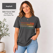 Asphalt shirt featuring the minimalist statement design with warm orange and darker lettering.