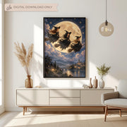 Framed witchy bedroom poster displayed above a cream console table with dried flowers and neutral decorations. The romantic fantasy artwork features three flying witches against a luminous golden moon.