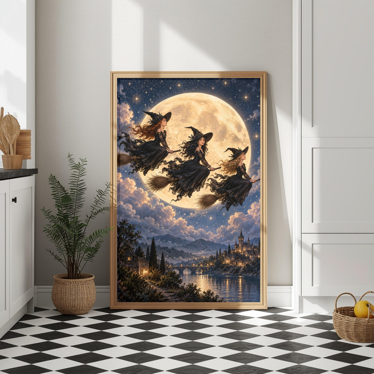 Gothic celestial poster displayed in a black frame against a light wall above a black-and-white checkerboard floor. The magical landscape features three flying witches, a luminous moon, twinkling stars, and a distant castle.