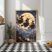 Gothic celestial poster displayed in a black frame against a light wall above a black-and-white checkerboard floor. The magical landscape features three flying witches, a luminous moon, twinkling stars, and a distant castle.