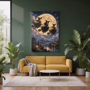 Celestial fantasy wall art displayed above a mustard sofa against a deep green wall with tropical plants. Three elegant witches fly across a glowing full moon above a mystical landscape.