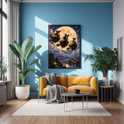 Enchanted moon poster displayed above a mustard-yellow sofa against a rich blue accent wall. The artwork features three broomstick-riding witches, a glowing full moon, and a magical nighttime landscape.