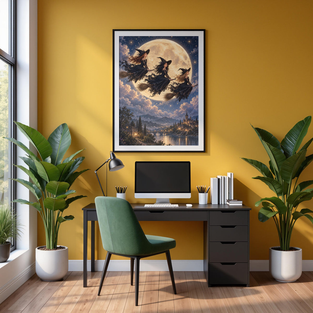 Framed fantasy witch poster displayed above a wooden desk with a mustard-yellow chair and green plants. The dramatic moonlit artwork features three witches soaring above a magical castle landscape.