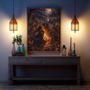 Mystical coven wall art displayed above a dark wooden console between two illuminated wall sconces. The dramatic scene features a golden full moon, blazing bonfire, and mysterious Gothic castle.