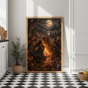 Dark academia wall art displayed in a black frame against a light wall above a black-and-white checkerboard floor. The artwork features an enchanted forest gathering illuminated by a blazing fire.