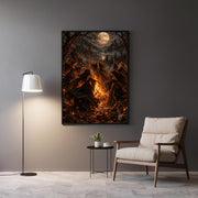 Gothic fantasy artwork displayed above a modern grey armchair and side table. The illustration features witches performing a moonlit ritual surrounded by glowing embers, dark trees, and autumn foliage.