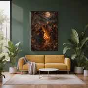 Gothic witchcore wall art displayed above a mustard sofa against a deep green accent wall. The mystical illustration features flowing black dresses, fiery orange embers, and a moonlit castle landscape.