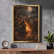 Framed dark witchcraft-inspired artwork resting on a rustic wooden cabinet against a textured wall. The illustration features five witches dancing around a bonfire beneath a glowing moon.