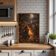 Gothic autumn wall art displayed above a kitchen countertop with open wooden shelves and neutral decor. The fantasy print features a moonlit woodland gathering, orange firelight, and flowing black dresses.