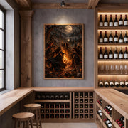 Framed Gothic coven artwork displayed in a cozy home with dark wood winery and vintage furnishings. The moonlit fantasy scene features witches, a blazing ritual fire, and a distant castle.
