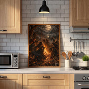 Gothic fantasy poster displayed above a modern kitchen countertop with wooden cabinets and a black pendant light. The artwork features a mysterious coven, candlelit forest, and dramatic golden moonlight.