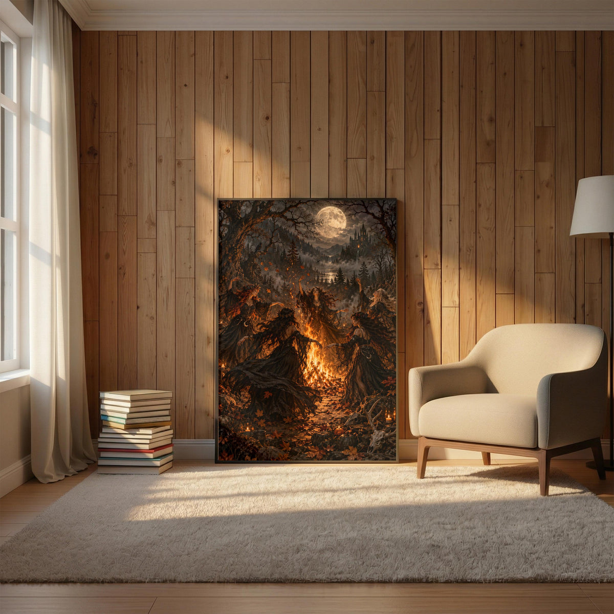 Framed dark fantasy artwork displayed on a wood-paneled wall beside a cream reading chair and floor lamp. Five witches dance around a bright bonfire beneath a mysterious golden moon.