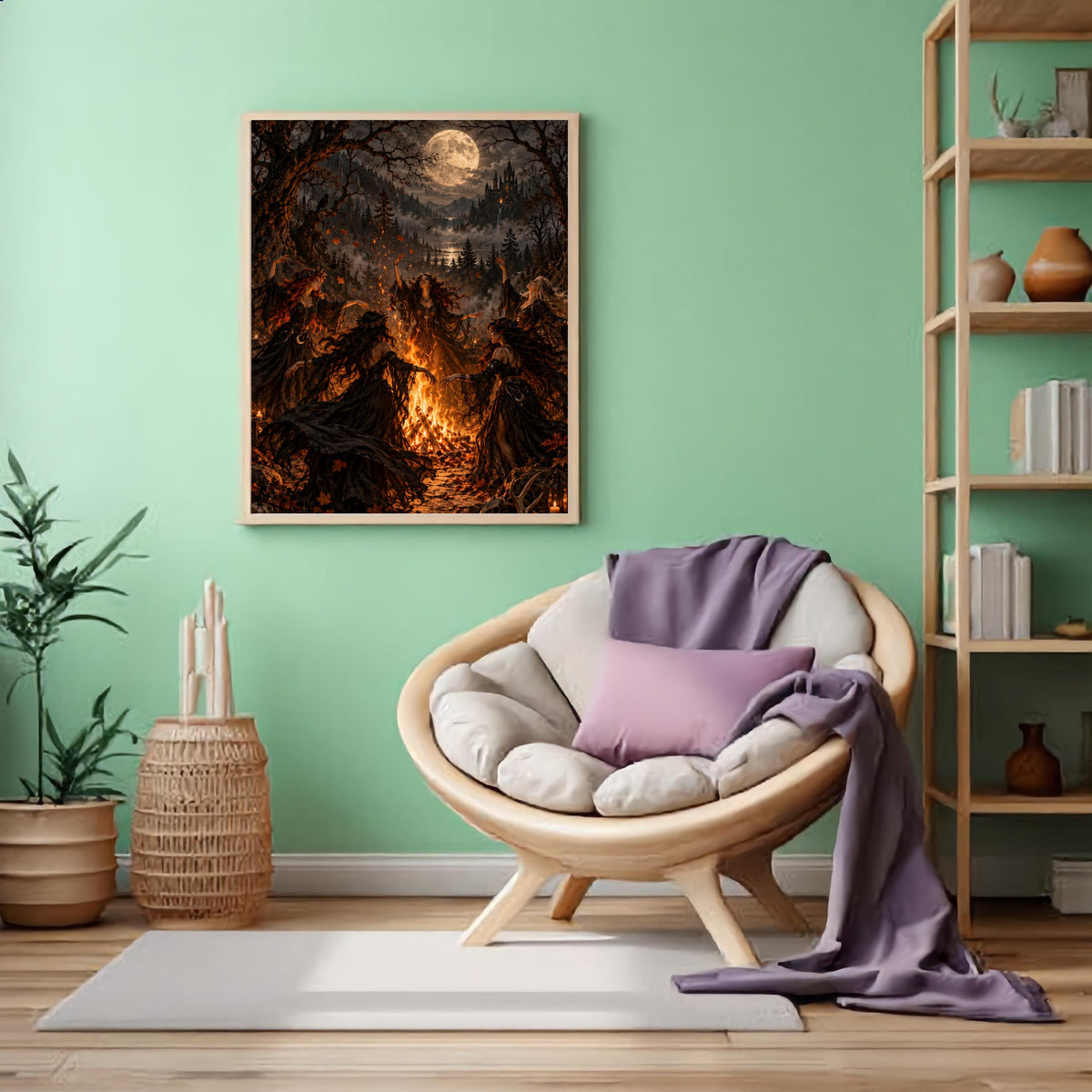 Mystical coven poster displayed in a mint-green room beside a cozy accent chair with lavender cushions. The Gothic artwork features a moonlit ritual, glowing firelight, and dark forest scenery.