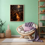 Mystical coven poster displayed in a mint-green room beside a cozy accent chair with lavender cushions. The Gothic artwork features a moonlit ritual, glowing firelight, and dark forest scenery.