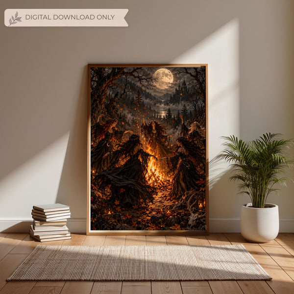 Framed witchy Gothic poster displayed above a wooden console table with neutral botanical decorations. The artwork features five mystical women, glowing embers, autumn leaves, and an enchanted castle beneath the full moon.