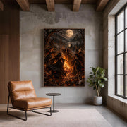 Dark academia wall art displayed on a textured grey wall beside a tan leather accent chair. The mystical landscape features a moonlit coven gathering, fiery autumn leaves, and a distant Gothic castle.