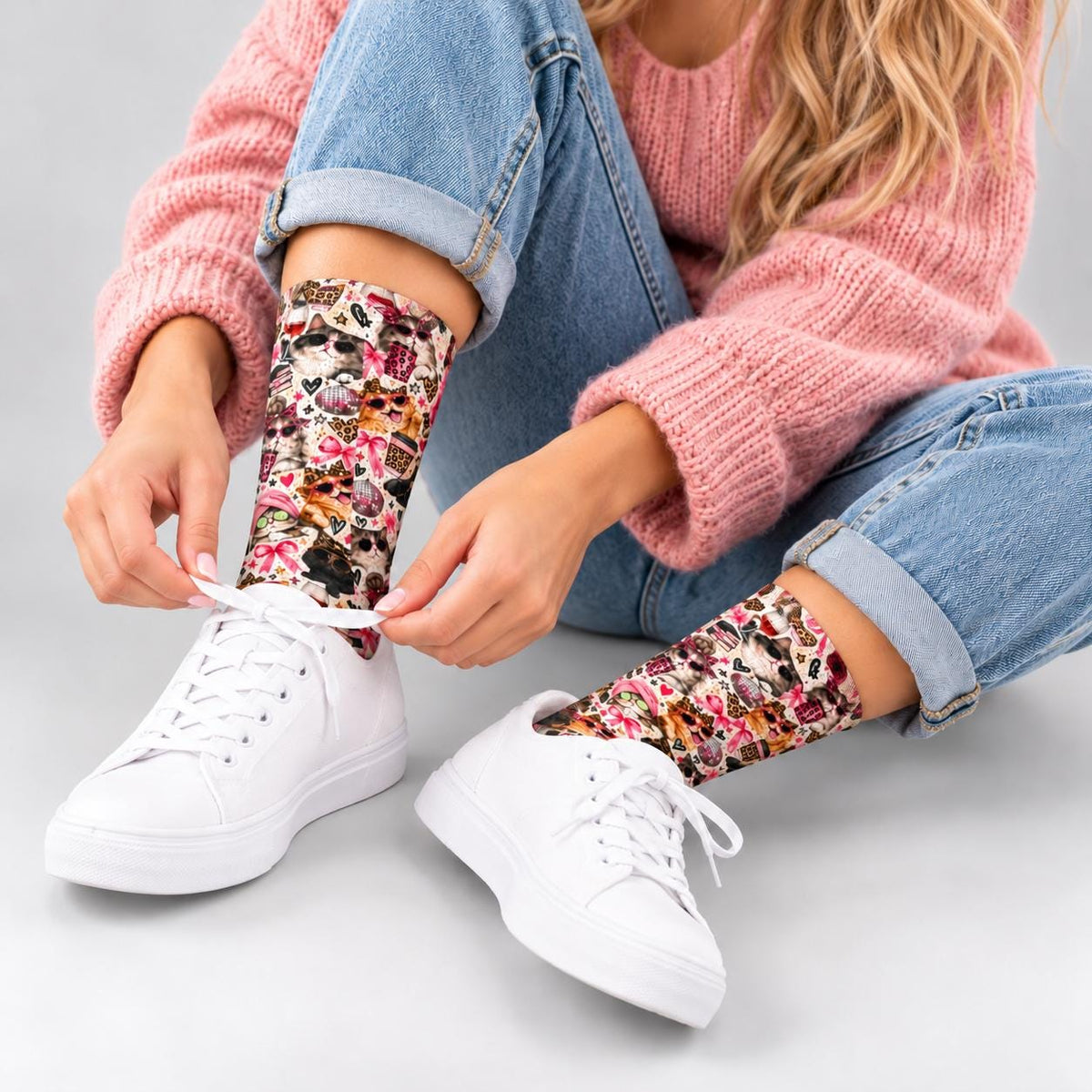 Woman wearing cute cat socks with white sneakers, cuffed jeans, and a cozy pink sweater. Bright retro design includes cats in sunglasses, pink ribbons, hearts, and fun vintage-inspired details.