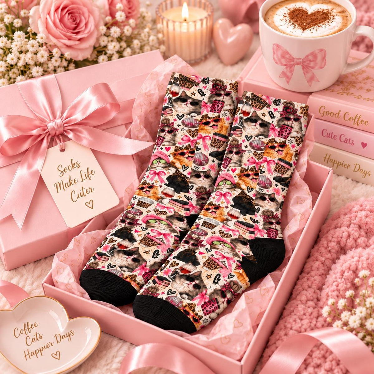 Pair of pink bow kitty socks arranged inside a pastel pink gift box with satin ribbon, roses, and a coffee mug. Whimsical cat collage pattern makes a charming novelty gift for cat moms and feline enthusiasts.