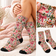 Pink western socks displayed in a lifestyle collage featuring a woman relaxing on a soft blanket, close-up fabric details, and a product view. Vintage cowgirl pattern includes floral accents, pink ribbons, and cowboy boots.
