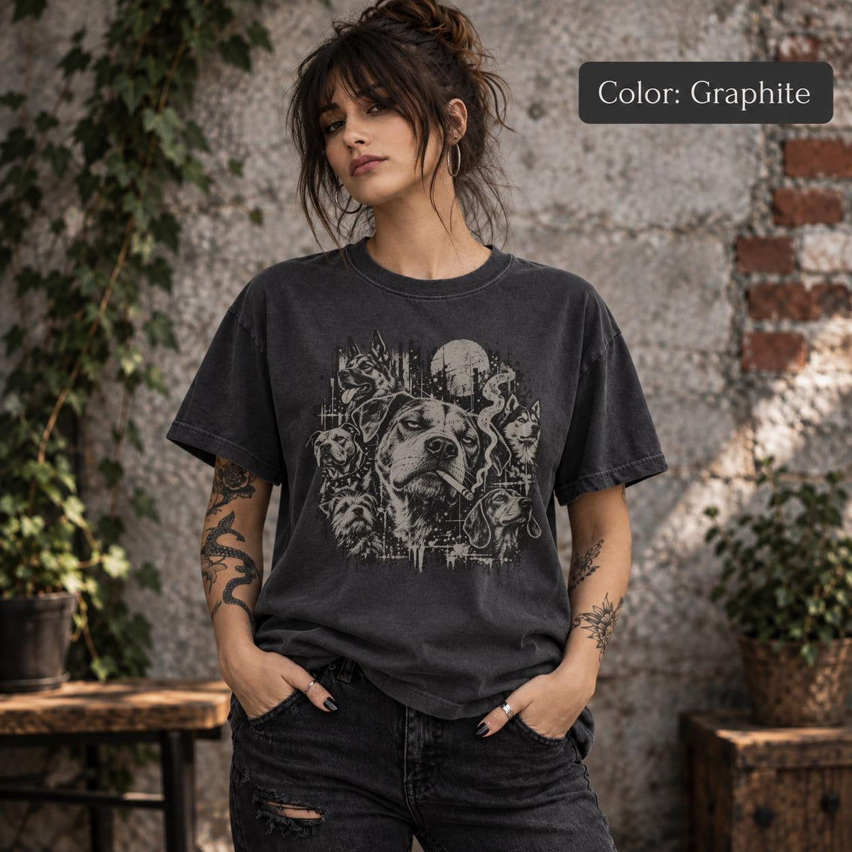 Graphite Comfort Colors 1717 T-shirt featuring a distressed vintage-style graphic of multiple dogs, including a bold central dog with a cigarette, styled with a dark grunge aesthetic.