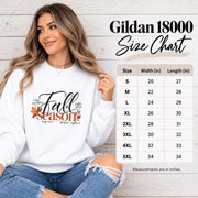 Gildan 18000 size chart mockup showing sweatshirt measurements and fit information beside the Fall Season design.