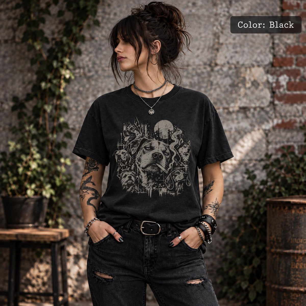 Black Comfort Colors 1717 T-shirt featuring a distressed vintage-style graphic of multiple dogs, including a bold central dog with a cigarette, styled with a dark grunge aesthetic.