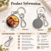 Product information mockup showing front and back views, dimensions, silver hardware, acrylic pendant, and care details for the personalized keychain.