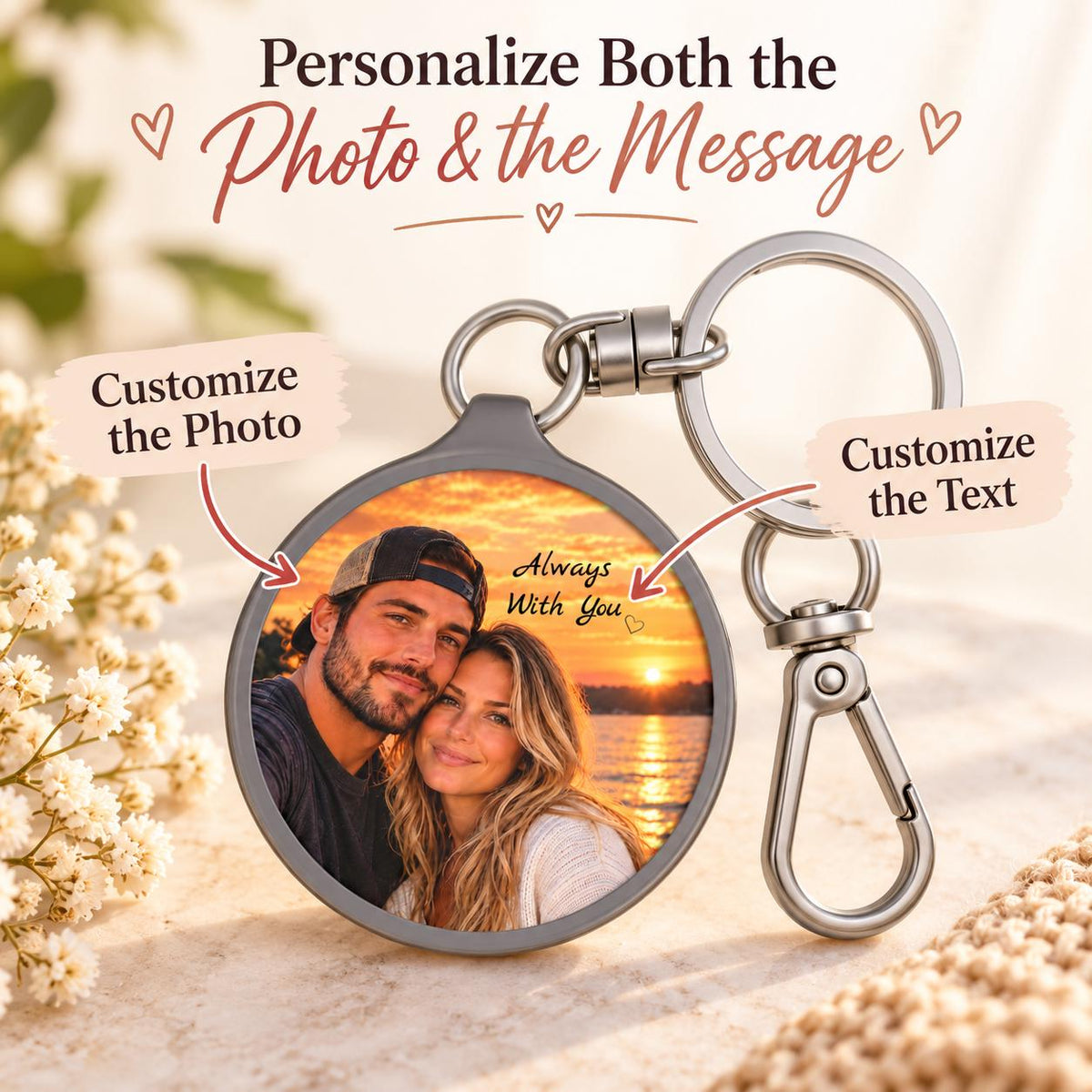 Personalization information mockup showing that both the photo and message can be customized on the round couple keychain.